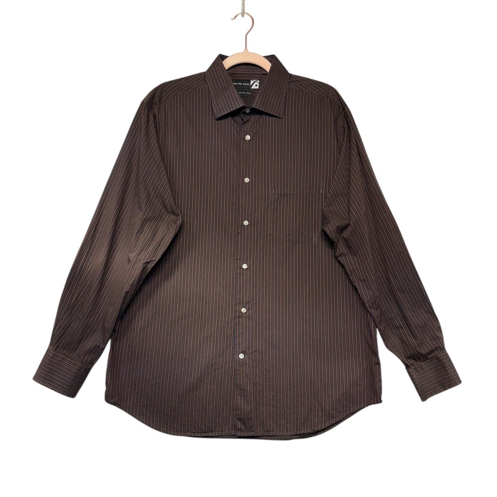 Saks Fifth Avenue Mens Pima Cotton Striped Button Down Shirt Brown Orange 16.5